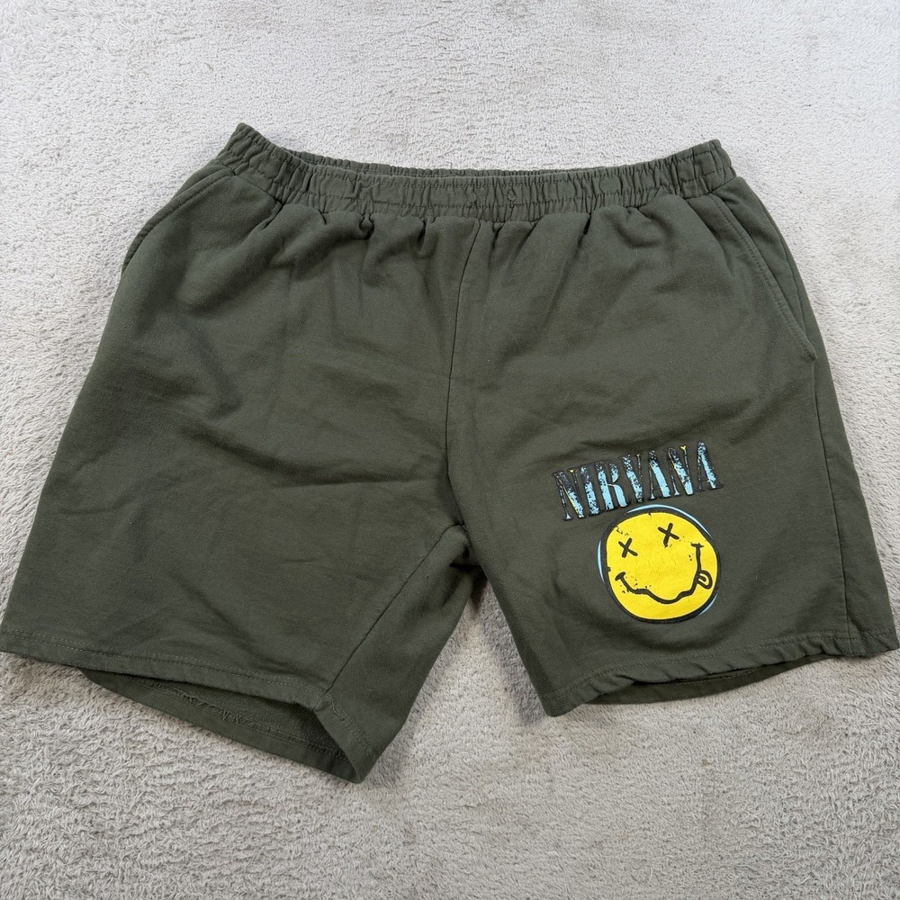 Nirvana Sweat Shorts Mens 2XL Green Lounge Kurt Cobain Smiley Face Logo